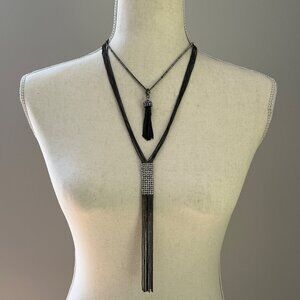 Lot of 2 Black Gun Metal Rhinestone Crystal Tassel Necklaces